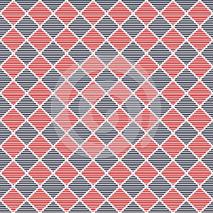Seamless vector pattern. Symmetrical geometric background with red and blue lined rhombus.