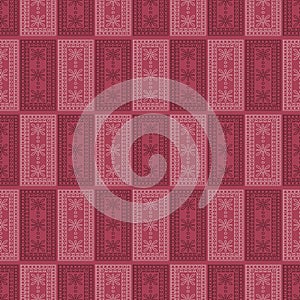 Seamless vector pattern. Symmetrical geometric background with red squares on the dark backdrop.
