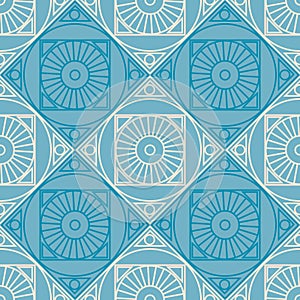 Seamless vector pattern. Symmetrical geometric background with rhombus and circles on the blue backdrop. Decorative repeating orna