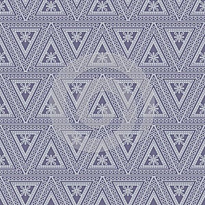 Seamless vector pattern. Symmetrical geometric background with triangles on the blue backdrop. Decorative ornament