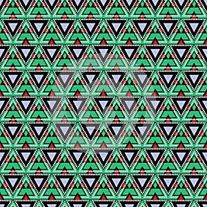 Seamless vector pattern. Symmetrical geometric background with triangles in green, black and red colors. Decorative repeating orna