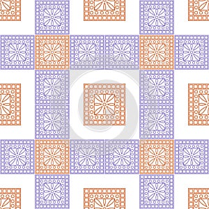 Seamless vector pattern. Symmetrical geometric background with violet and red squares on the white backdrop