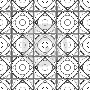 Seamless vector pattern. Symmetrical geometric black and white background with squares and circles. Decorative repeating ornament