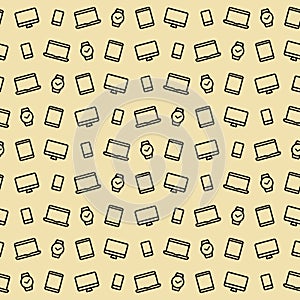 Seamless vector pattern technique on a beige background. Contour icons of laptop, monitor, phone, smart watch.