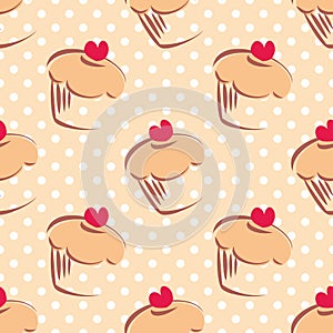 Seamless vector pattern or texture with cupcakes, muffins, sweet cake with red heart on top and white polka dots photo