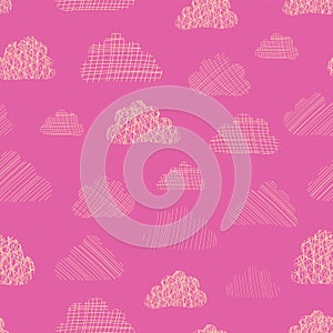 Seamless vector pattern textured clouds. Beige silhouettes of cute doodle clouds on a pink background. Great for kids, baby girl,