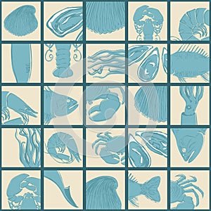 Seamless vector pattern on the theme of crustaceans, fish and molluscs