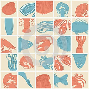 Seamless vector pattern on the theme of crustaceans, fish and molluscs