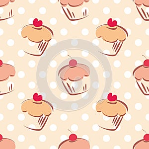 Seamless vector pattern or tile texture with cherry and hearts cupcakes and white polka dots on pink background