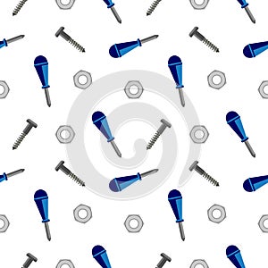 Seamless vector pattern with tools. Chaotic baackground with screws, nuts and screwdrivers on the white backdrop photo