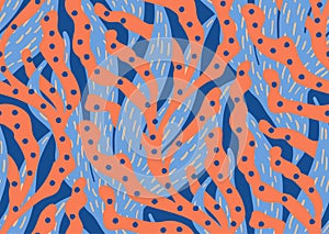 Seamless vector pattern with trailing corals and algae. Trendy peach fuzz pantone, apricot crush, blue colors. for beach