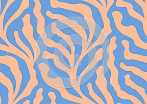 Seamless vector pattern with trailing corals and algae. Trendy peach fuzz pantone and blue colors. for beach swimsuit