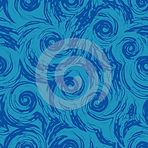 Seamless vector pattern of turquoise spirals and abstract shapes on a blue background. The texture of the swirl of the