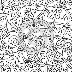 Seamless vector pattern from twisted branches, snails and leaves. Black linear pattern.