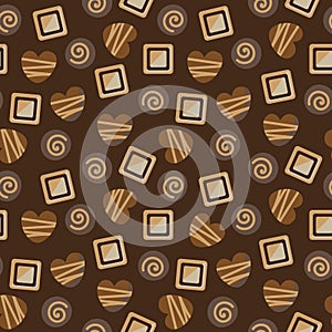 Seamless vector pattern with a variety o milkdar and white chocolate pralines