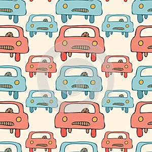 Seamless vector pattern of vintage blue and pink old cars on pastel yellow background