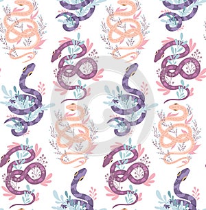 Seamless vector pattern with violet snakes and stems on white background. Animalistic texture with curled serpents and herbs in