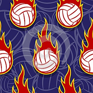 Seamless vector pattern with volleyball ball icons and flames.