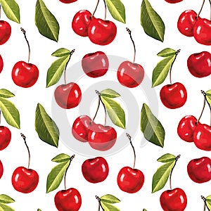 Seamless vector pattern, watercolor cherries on light background