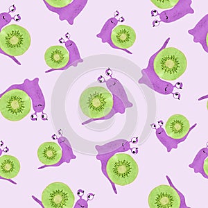 Seamless vector pattern with watercolor cute cartoon snail and kiwi fruit