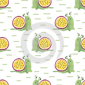 Seamless vector pattern with watercolor cute cartoon snail and passion fruit