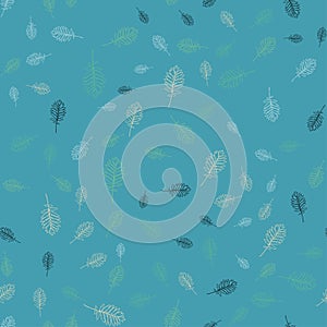 Seamless vector pattern with white, black, beige and green leaves on a blue background. Vegetable texture for fabric
