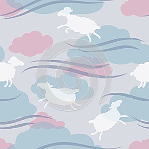 Seamless vector pattern with white flying sheep in pink and white clouds