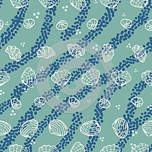 Seamless vector pattern with white sea shells and blue stripes on a aqua green background