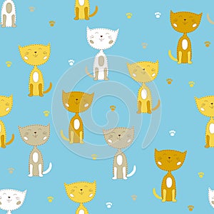 Seamless vector pattern with white and yellow cute little cats