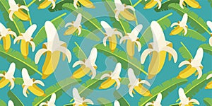Seamless vector pattern of yellow bananas and Tropical banana leaf randomly distributed isolated on dark background. Suits for