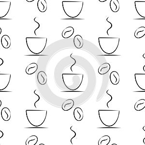 Seamless vector patterns with cups and cofee grains on the white background