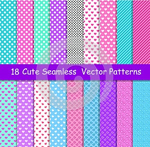 Seamless vector patterns in lol doll surprise style. Endless background with hearts, stripes and polka dots. Decor for