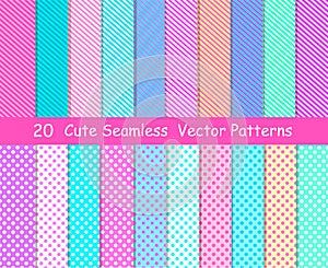 Seamless vector patterns in lol doll surprise style. Endless backgrounds with stripes and polka dots