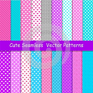 Seamless vector patterns in lol doll surprise style. Endless backgrounds with stripes and polka dots photo