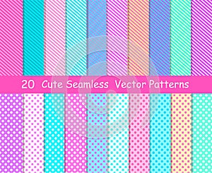 Seamless vector patterns in lol doll surprise style. Endless backgrounds with stripes and polka dots photo