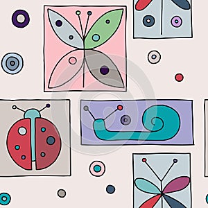 Seamless vector pink background with hand drawn decorative childlike butterfly, ladybug, snail, dragonfly. Graphic illustration.