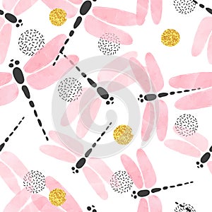 Seamless vector pink watercolor dragonfly pattern