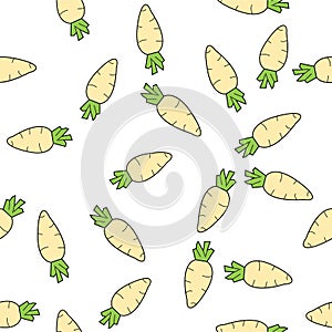 Seamless Vector radish pattern design. Illustration isolated for kids dresses, fabric, textile, fruit, coloring, wall paper,