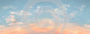 Seamless vector realistic sunset sky. Long length horizontal background with beautiful light clouds on it. 3D rose, blue