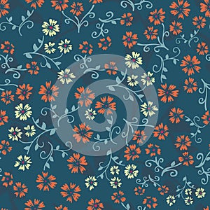 Seamless vector repeating floral pattern. Orange and yellow vintage style flowers on teal blue background. Use for fabric,