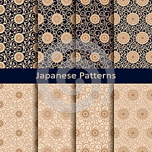 Seamless vector set of eight japanese patterns. seamless template in swatch panel. design foe print, textile, woodblock