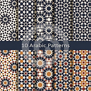 Seamless vector set with ten arabic geometric traditional patterns. design for covers, interior, package, tiles