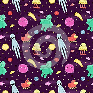 Seamless vector space pattern with cute and funny cartoon aliens and monsters.