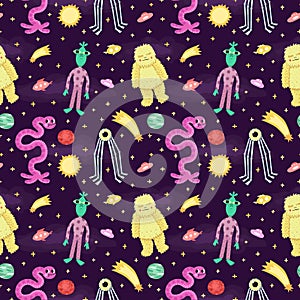 Seamless vector space pattern with funny cartoon aliens and monsters.