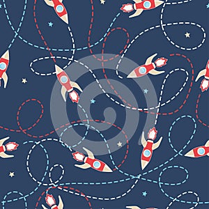 Seamless vector space pattern with rockets and traces. photo