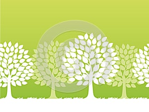 Seamless vector springtime background illustration with tree silhouette and text space.