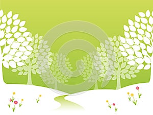Seamless vector springtime forest silhouette illustration with a forest pass, flowers, and fresh green background.