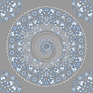 Seamless vector square pattern in gzhel style, gray with blue