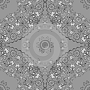 Seamless vector square pattern in gzhel style, grayscale