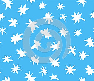 Seamless vector texture with white hand-drawn grunge snowflake-stars isolated on light blue background. Winter simple pattern of